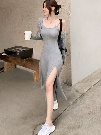 Two Pieces Sets Women Elegant Streetwear Hooded Jackets Side-slit Dresses Spring New Hotsweet Sexy Korean Style Casual Fashion