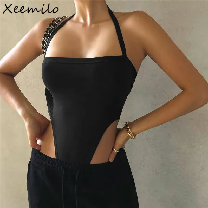 Xeemilo Sexy Off Shoulder Halter Summer Bodysuit Y2K Bodycon Backless One Piece T Shirt Casual Streetwear Slash-neck Bodysuits