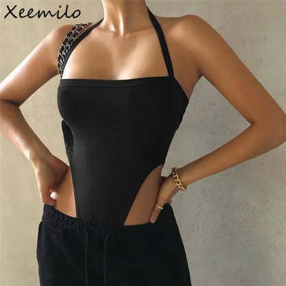 Xeemilo Sexy Off Shoulder Halter Summer Bodysuit Y2K Bodycon Backless One Piece T Shirt Casual Streetwear Slash-neck Bodysuits