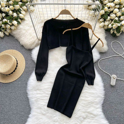 YuooMuoo Autumn Women Dress Set Fashion Y2K Knitted Spaghetti Strap Mini Dress + Full Sleeve Crop Top Streetwear Two Piece Suits