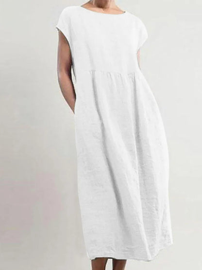 Robe trapèze en coton et lin pour femmes, manches courtes, col rond, taille ample, poches, mi-mollet, décontractée, ample, grande taille 5XL