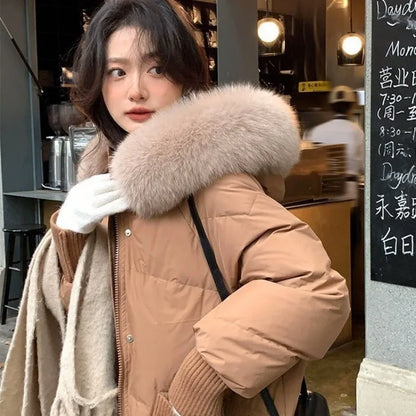 Winter Women's Long Hooded Down Coat Fashion Luxury Hair Collar Double Placket Thickened Warm White Duck Down Tops Down Jacket