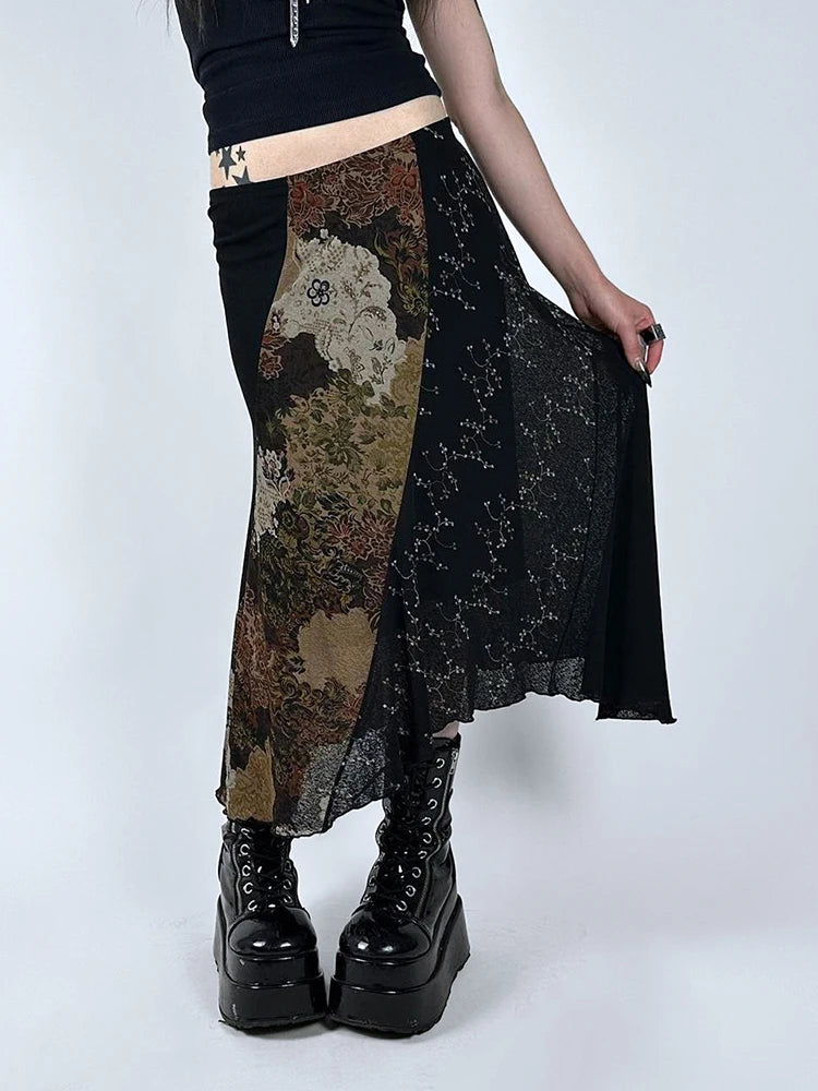 Weekeep y2k Vintage Floral Print Long Skirt Chic See Through Lace Patchwork Loose A-line Midi Skirts 90s Harajuku Women Clothing