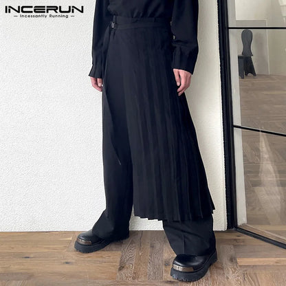 2023 Men Irregular Pants Solid Color Joggers Streetwear Loose Pleated Male Straight Trousers Casual Long Pants S-5XL INCERUN