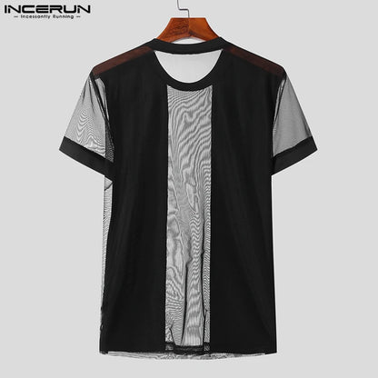 2023 männer T Shirt Mesh Patchwork Streetwear Oansatz Kurzarm Sexy Camisetas Durchsichtig Mode Männer Kleidung S-5XL INCERUN