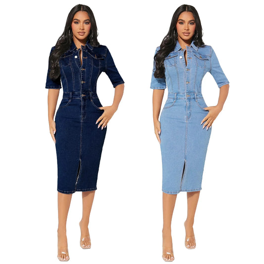 Trending Women Short Sleeve Elastic Buttons Jeans Denim Mid Length Dress Women For Autumn Jean Package Hip Skirt