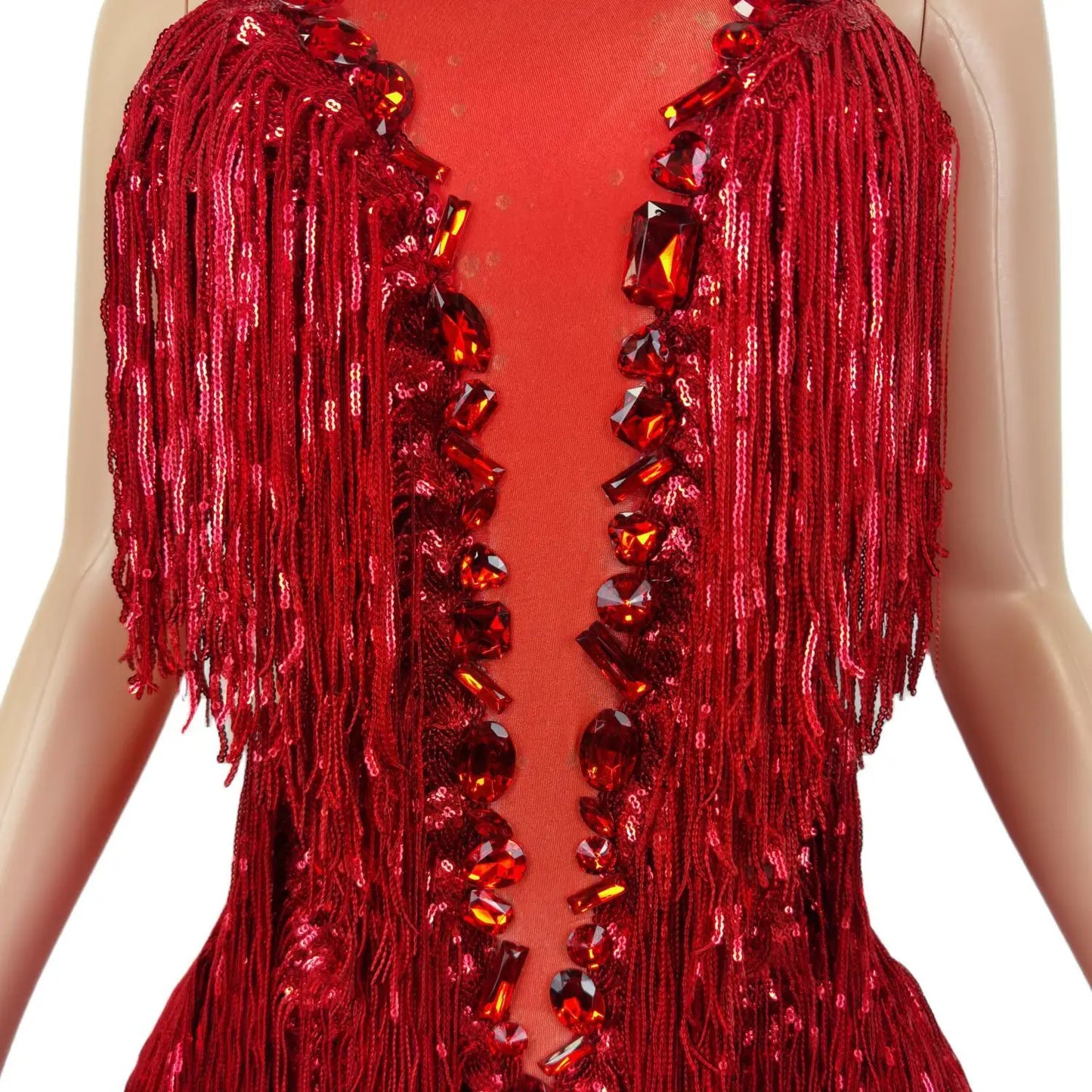 Clignotant rouge paillettes franges strass Transparent body femme soirée anniversaire célébrer Costume danseur justaucorps Shuye