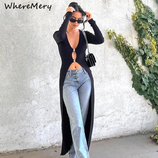 WhereMery Sexy Aushöhlen Langarm Maxi T Shirt Frauen V Neck Low Cut Metall Knopf Schwarz Top Streetwear Cusual dame Tops Tees