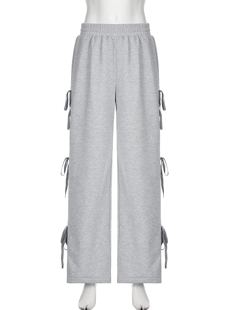 Weekeep Casual Grau Bandage Baggy Jogginghose Frauen Lose Street Style Low Rise Jogging Trackpants Harjauku Grundlegende Gerade Hosen