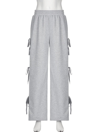 Weekeep Casual Grau Bandage Baggy Jogginghose Frauen Lose Street Style Low Rise Jogging Trackpants Harjauku Grundlegende Gerade Hosen