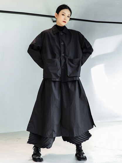 [EAM] femmes noir grande taille longue poche Trench nouveau revers à manches longues coupe ample coupe-vent mode printemps automne 2024 1DE3081