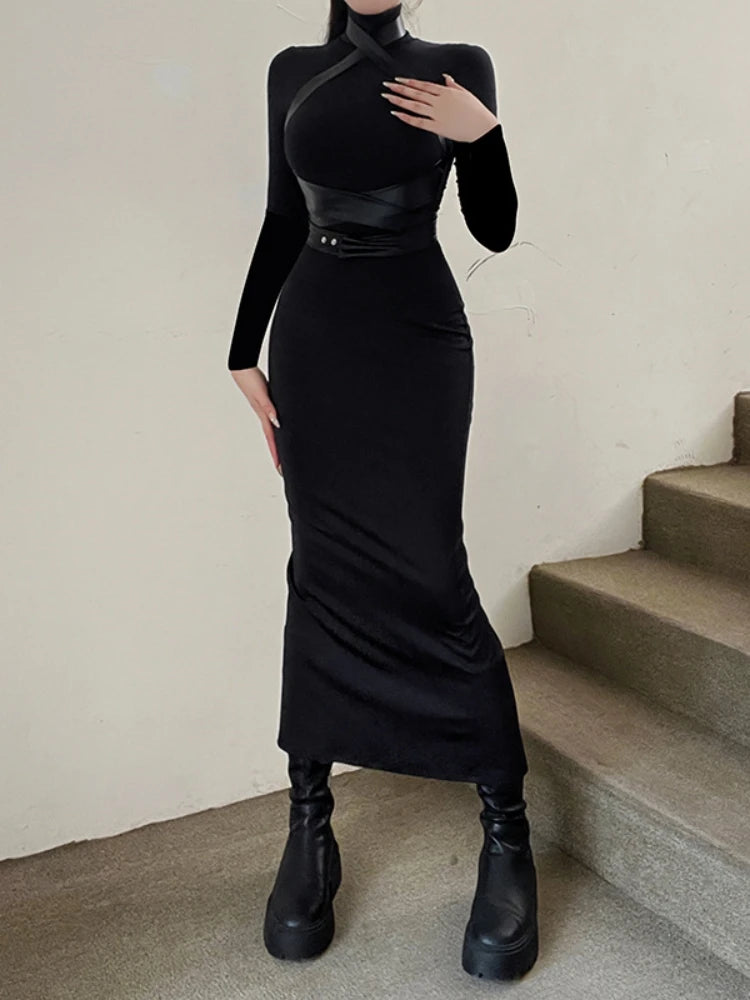 Robe longue noire moulante pour femmes, vêtements à col roulé, Slim, Sexy, Streetwear, taille haute, Patchwork, tenue d'automne