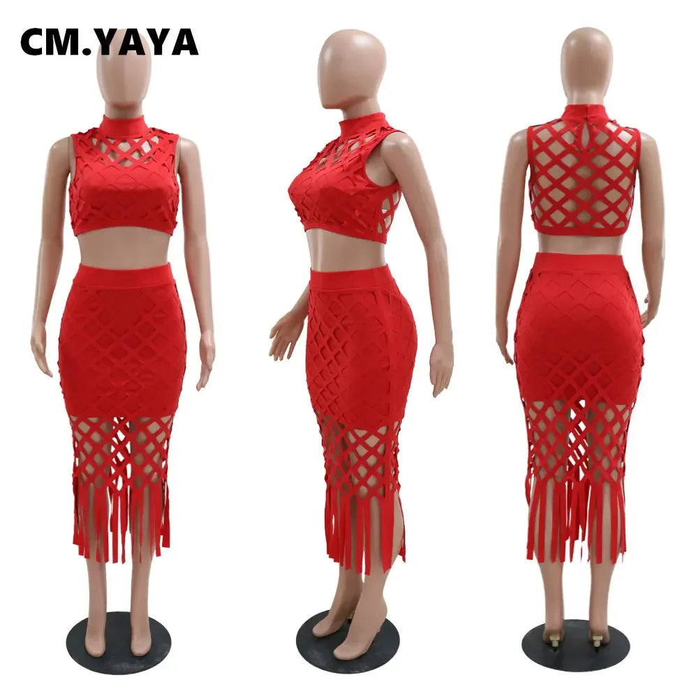 CM.YAYA – ensemble jupe mi-longue et T-shirt sans manches pour femmes, tenue de fête d'été deux 2 pièces, ajourée, moulante, à franges, 2023