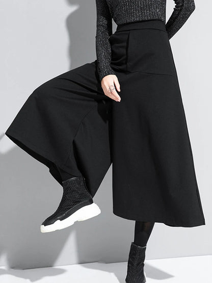 [EAM] Hohe Elastische Taille Schwarz Kurze Lange, Breite Bein Hose Neue Lose Fit Hosen Frauen Mode Flut Frühling herbst 2024 1DA610