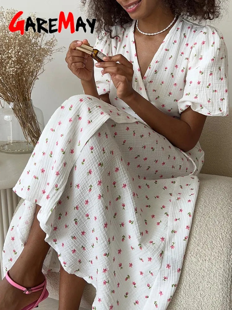 Robes d'été décontractées pour femmes, 100% coton, imprimé Floral, ligne a, robe mi-longue avec fentes latérales, longue robe blanche élégante pour femmes, 2024