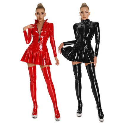 Women's Wet PVC Leather Tight Bodycon Mini Dress Latex Hollow Zipper Stand Up Collar A-Line Mini Pleated Skirt Latex Dresses