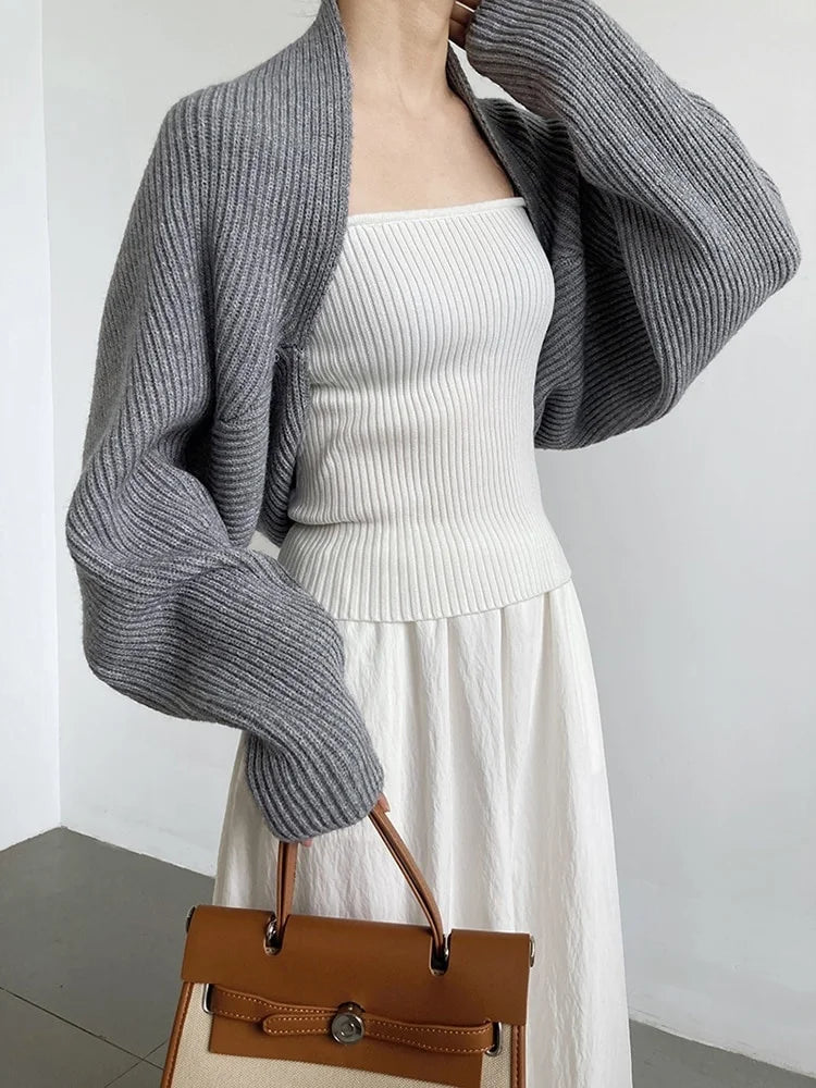 [EAM] Elegant Gray Knitting Cardigan Sweater Loose Fit V-Neck Long Sleeve Women New Fashion Tide Autumn Winter 2024 1DF2337