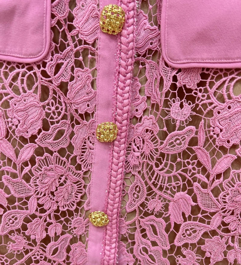 2023 frühjahr Neue Stil Wasser-Löslich Spitze Gespleißt Kurzarm Sexy Rosa Frauen Midi Kleid Floral Aushöhlen Einreiher Kleid