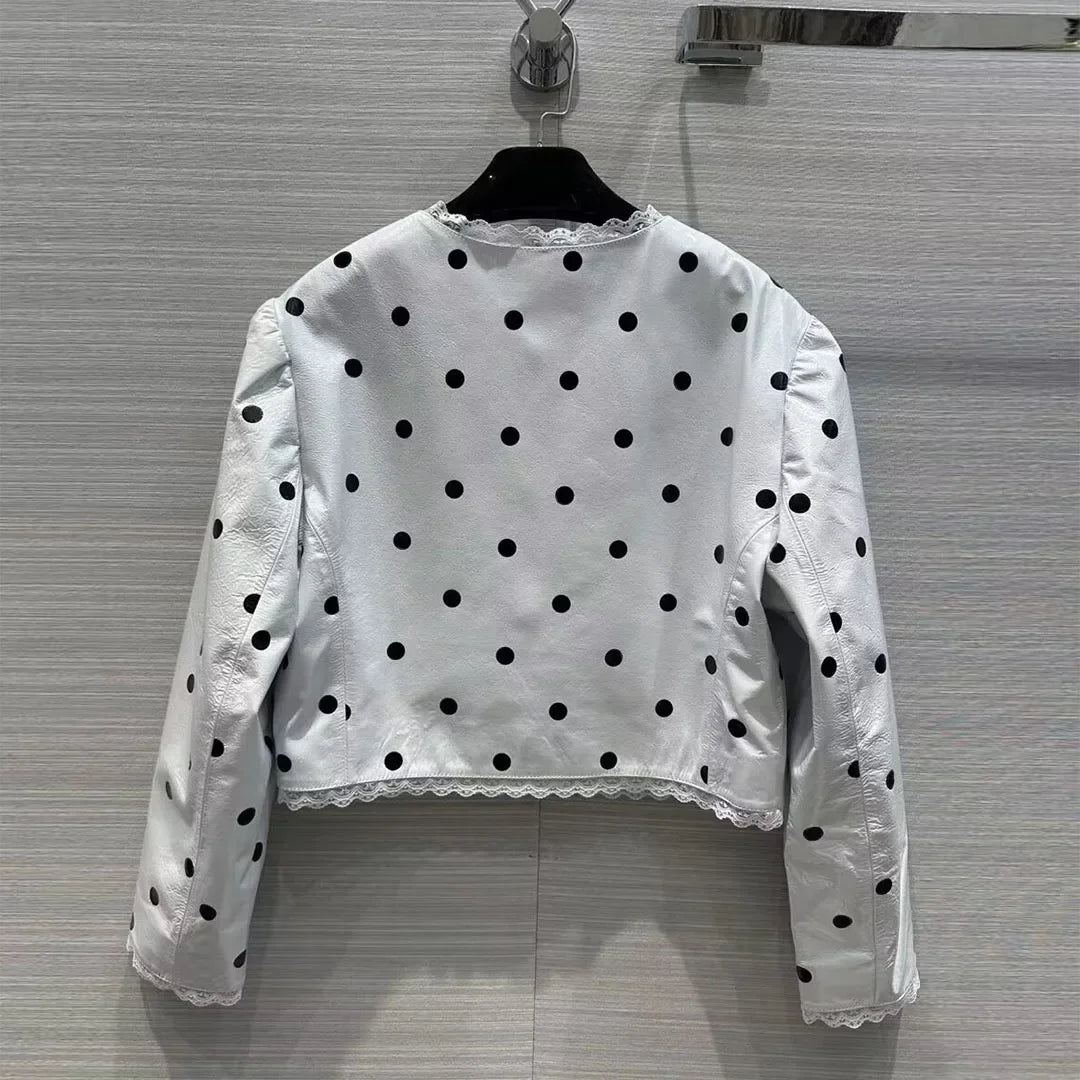 Manteau en cuir véritable de mouton 100% peau de mouton pour femme, Design court, dentelle, col rond, manches longues, motif à pois, veste Vintage Cool, meilleure qualité