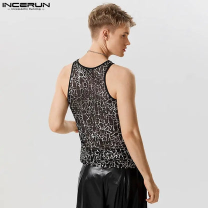 2023 männer Tank Tops Mesh Transparent Druck Oansatz Sexy Ärmellose Mode Westen Fitness Streetwear Shiny Männer Kleidung INCERUN