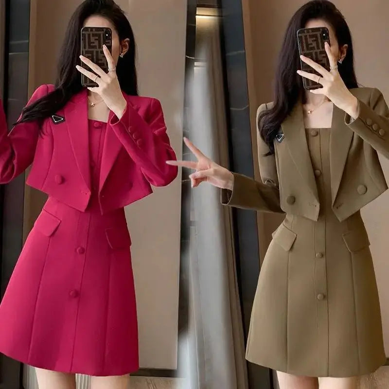 Junge Frauen Zwei Stücke Set Schlank Büro Dame 2023 Frühjahr Neue Hosenträger Kleid Elegante Kerb Blazer Mantel Top Übergroßen 4XL Koreanische