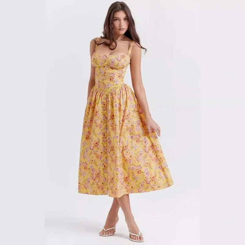 Robe mi-longue élégante à imprimé Floral pour femmes, tenue de vacances, Slim, boutons, Sexy, taille haute, sans bretelles, nouvelle collection été 2024