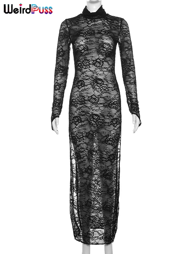 Weird Puss Sexy Side Split Kleid Frauen Mitternacht Coquette Durchsichtig Volle Hülse Rollkragen Maxi Spitze Bodycon Clubwear Vestidos