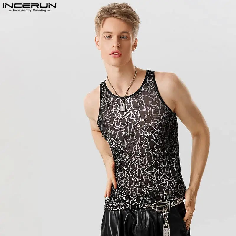 2023 männer Tank Tops Mesh Transparent Druck Oansatz Sexy Ärmellose Mode Westen Fitness Streetwear Shiny Männer Kleidung INCERUN