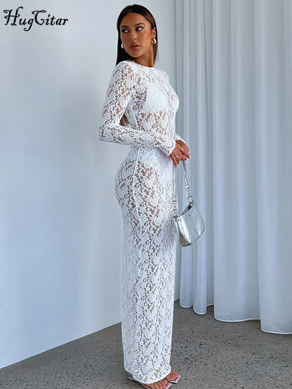 Hugcitar Floral Print Long Sleeve Sexy Bodycon Sheer See Through Maxi Dress 2023 Fall Women Fashion Streetwear Party Outfit Y2K