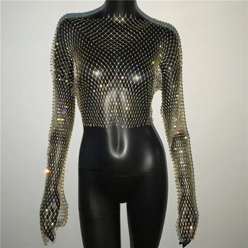 T-shirt transparent en maille pour femmes, Sexy, brillant, strass, résille, ajouré, haut court, manches longues, Cover-Up pour la plage, fête, Club, débardeur