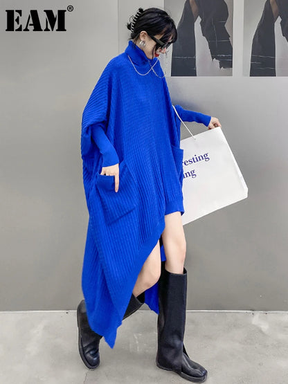 [EAM] Women Blue Irregular Back Long Big Size Knitting Dress New Turtleneck Long Sleeve Fashion Tide Spring Autumn 2024 1DF9757