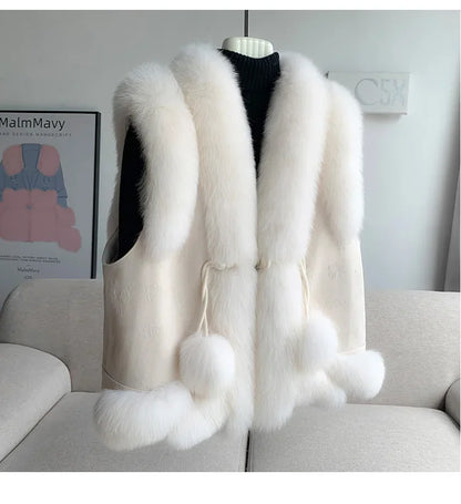 2024 Women Real Fox Fur Winter Vest Female Warm Duck Down Lining Coat New Jacket CT303