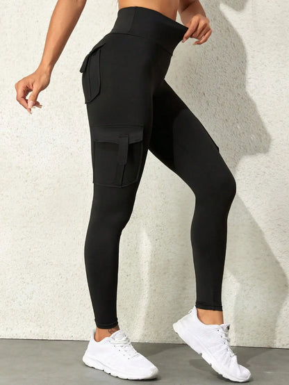 Sexy Fashion Slim Fit Solid Wide Waistband Running Exercise Yoga Stretch Pockets Tinker Cargo Leggings