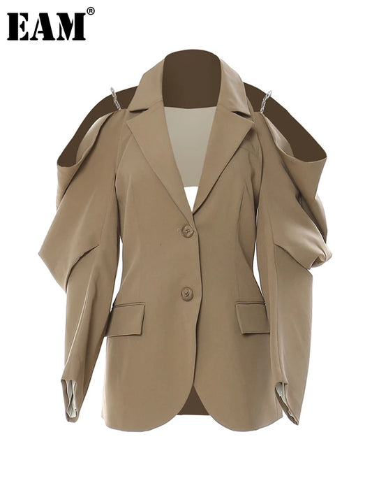 [EAM] Frauen Weg Schulter Kette Große Größe Blazer Neue Revers Lange Hülse Lose Fit Jacke Mode Flut Frühling herbst 2024 1DE9885