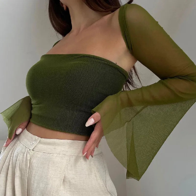 Xeemilo – ensemble 2 pièces Vintage pour femmes, débardeur vert sans bretelles avec maille transparente évasée, manches longues, châle, tenue de rue