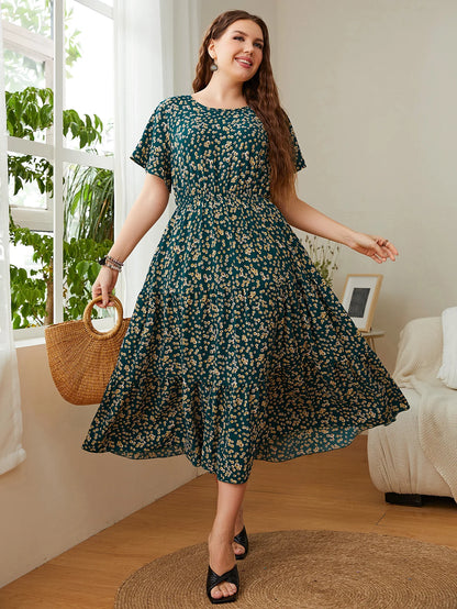 Mode grande taille femmes vêtements robe d'été col rond imprimé fleuri robes mi-longues urbain élégant décontracté dames grande taille robe longue