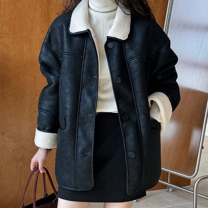 Women Autumn Coats Single Button Pu Leather Jacket Coat Feminino Lambswool Fleece Long Sleeve Tops For Women Parka Femme Coat