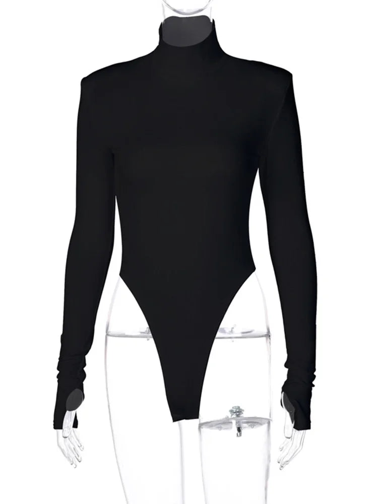 Hugcitar Turtleneck Long Sleeve Black Shoulder Pads Backless Sexy Bodycon Bodysuit Women Fashion Romper Streetwear Nightclub Y2K