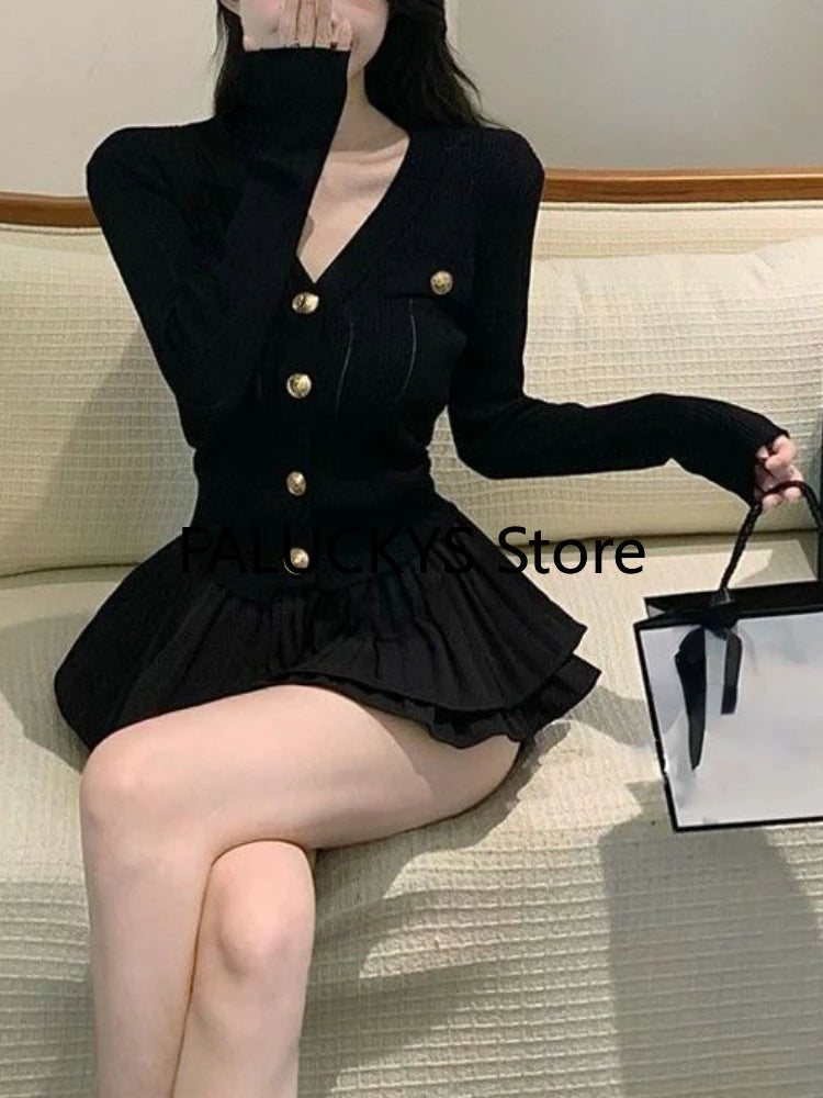 Robe élégante 2 pièces jupe ensemble bureau dame décontracté français haut tricoté + femmes fête Sexy Mini jupe mode coréenne automne 2023