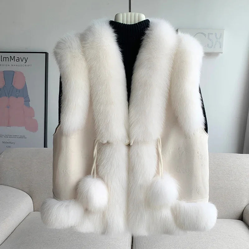 2024 Women Real Fox Fur Winter Vest Female Warm Duck Down Lining Coat New Jacket CT303