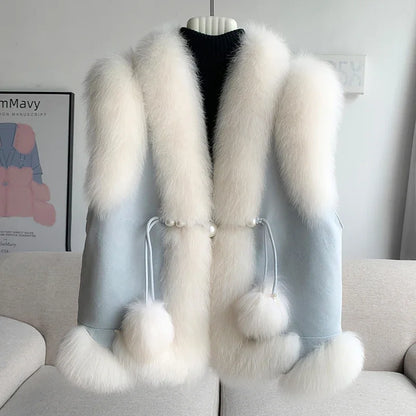 2024 Women Real Fox Fur Winter Vest Female Warm Duck Down Lining Coat New Jacket CT303