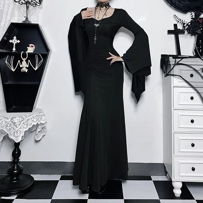 Women's Gothic Addams Family Bat Sleeve Mermaid Dress