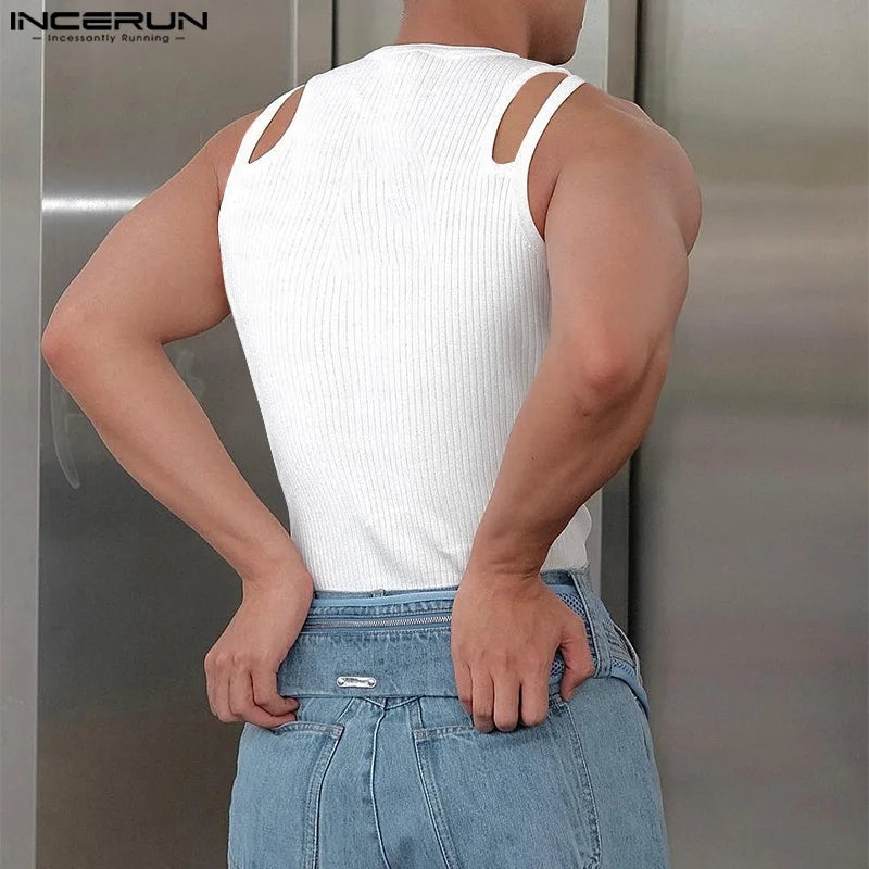 2023 männer Tank Tops Einfarbig Oansatz Ärmellose Fitness Aushöhlen Westen Streetwear Fashion Casual Männer Kleidung S-5XL INCERUN