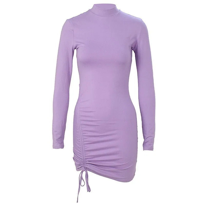 Robe élégante à lacets solide plissée coupe ajustée fête moulante femme Sexy Mini robes violet noir robes