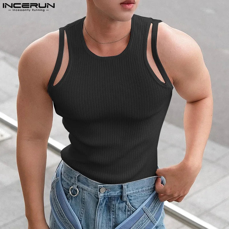 2023 männer Tank Tops Einfarbig Oansatz Ärmellose Fitness Aushöhlen Westen Streetwear Fashion Casual Männer Kleidung S-5XL INCERUN