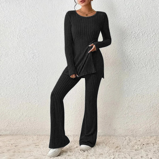 Tops + Hosen Sets für Frauen 2 Stück Outfit 2023 Herbst Winter Kleidung Elegante Weibliche Langarm Hemd Breite Bein Hosen anzug