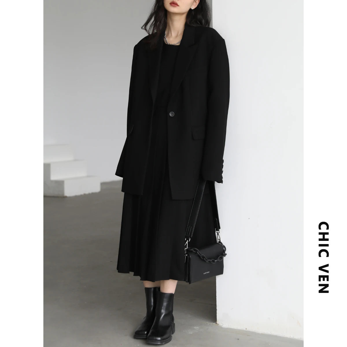 CHIC VEN – Blazer à larges épaules pour femme, ensemble deux pièces, manteau et robe plissée, nouvelle mode, printemps automne 2023, pour dame de bureau