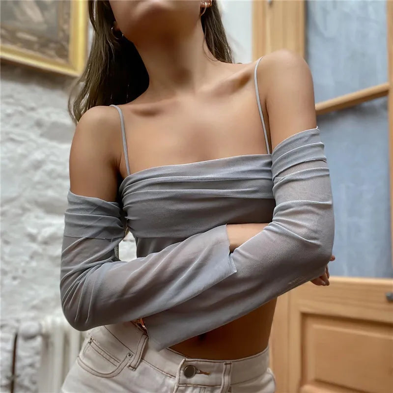 Xeemilo Aesthetic Mesh Sheer Off Shoulder T Shirt Elegant Long Sleeve Backless Crop Tops 2023 Summer Casual Slim Streetwear Tees