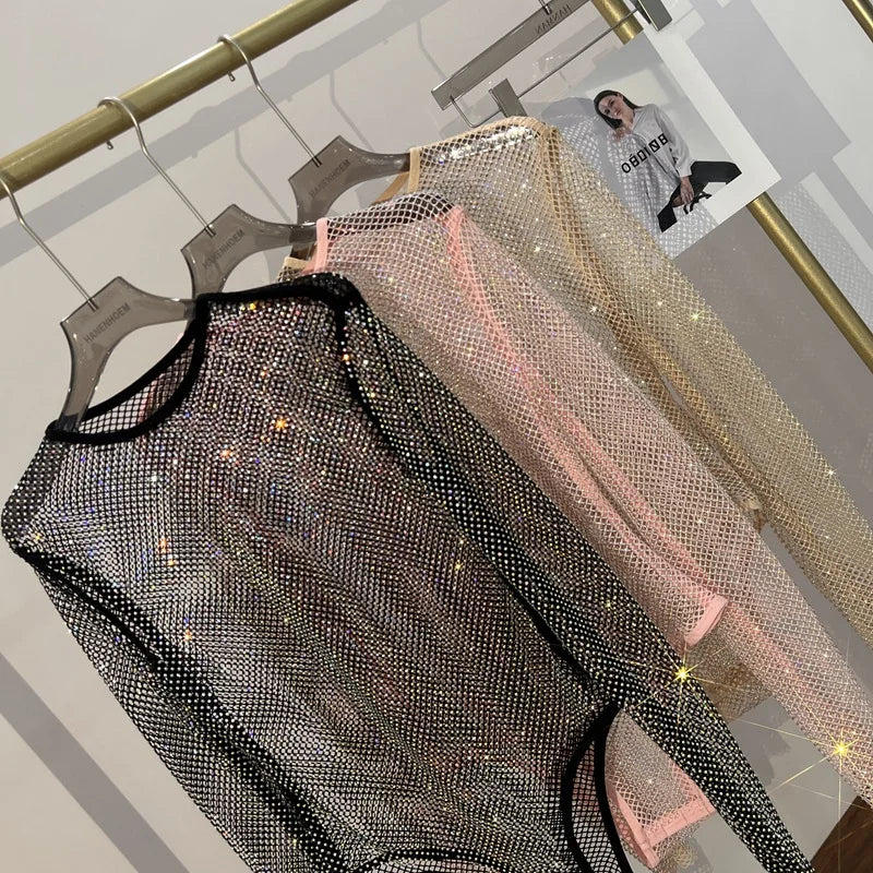 Body en résille transparent avec strass brillant pour femme, body Sexy en maille à la mode