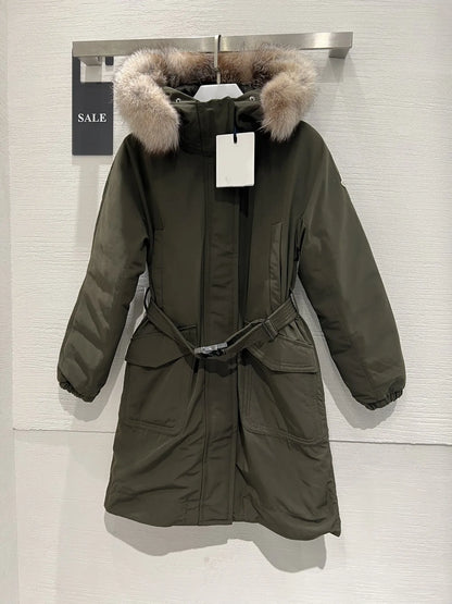 Women's Clothing Fox fur collar hooded double zip puller multi-pocket belt waist mid-length down jacket Winter New  NO.3